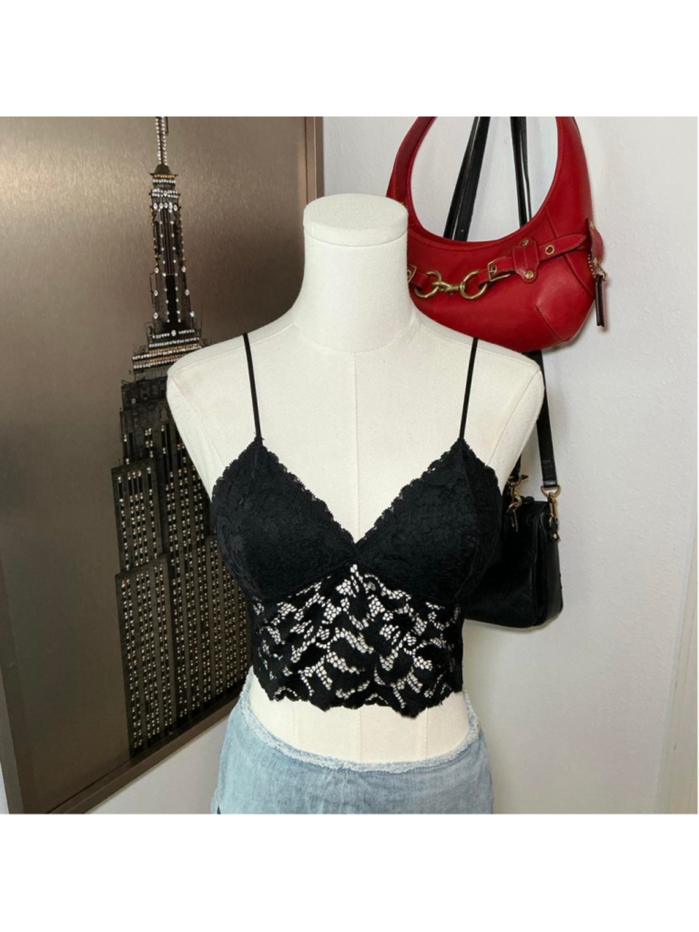 Black Lace Longline Bralette Crop Top Y2K Size Small